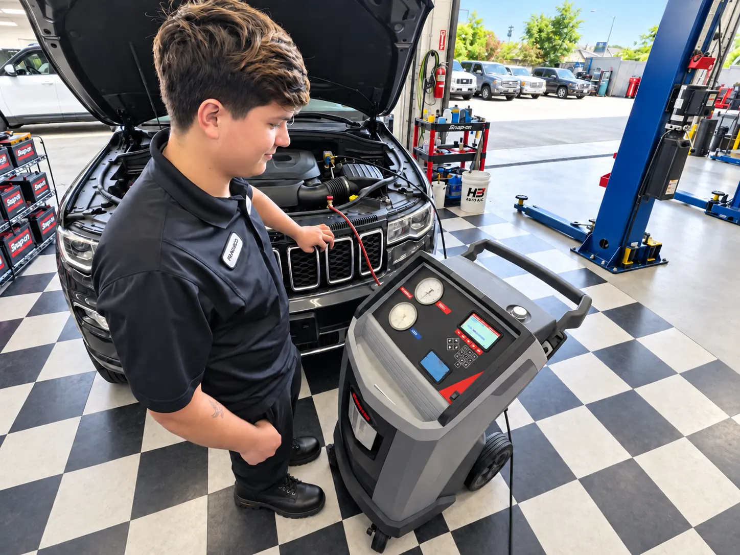 HB Auto & AC technician connecting an A/C service machine to a vehicle