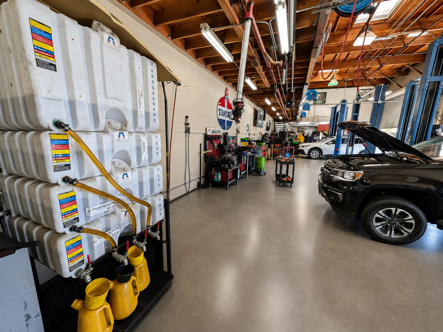 Bulk oil and fluid dispensers in the HB Auto & AC service bay