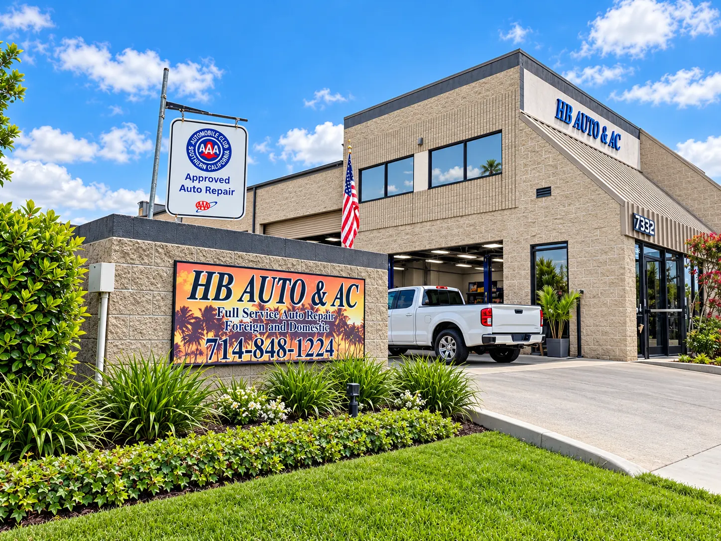 HB Auto & AC shop and monument sign on Autopark Drive in Huntington Beach
