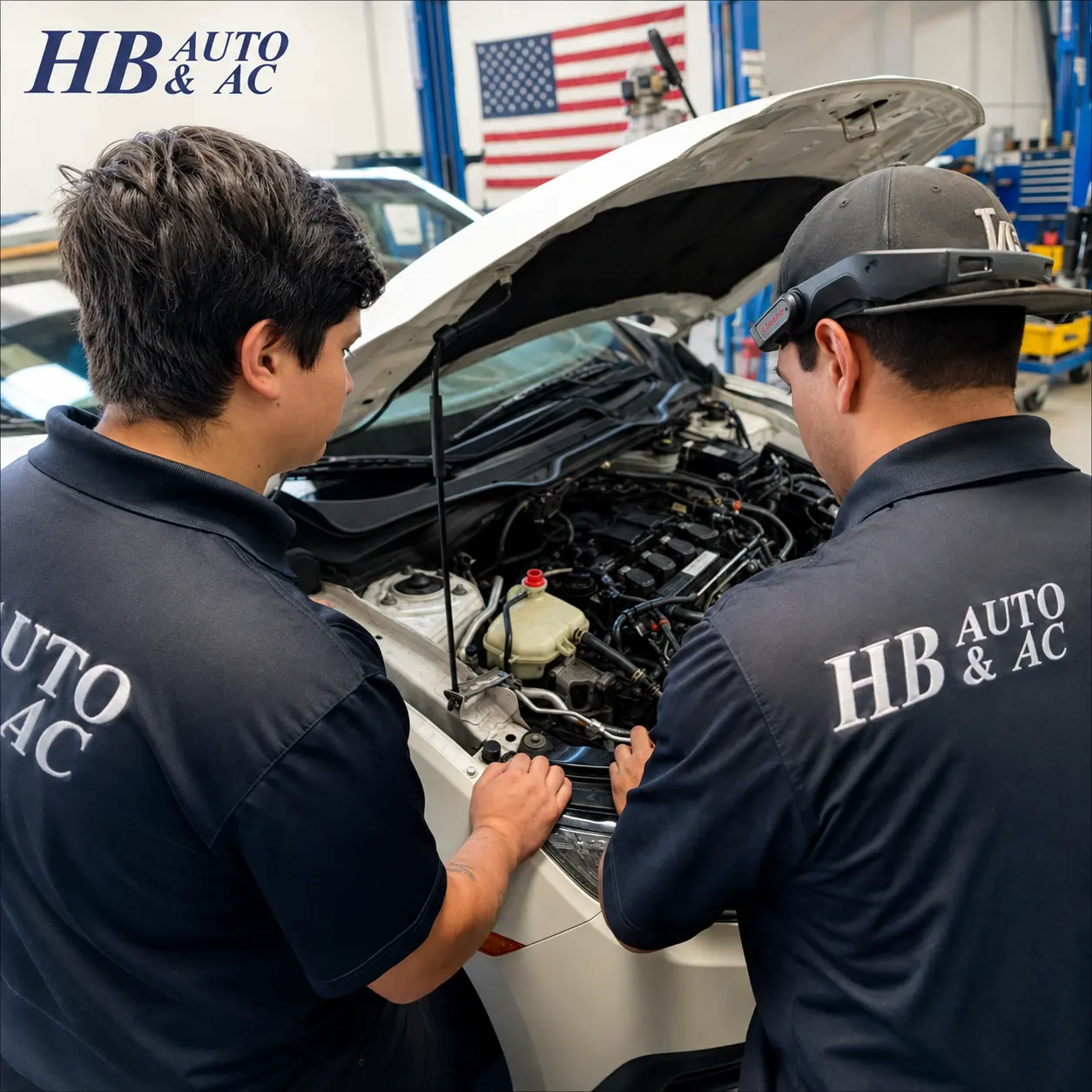 Two HB Auto & AC technicians working under the hood of a vehicle