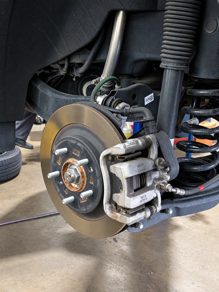 Strut, spring and brake assembly on a vehicle at HB Auto & AC