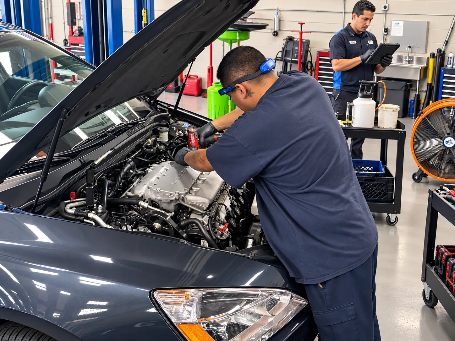 HB Auto & AC technician diagnosing an engine in the service bay